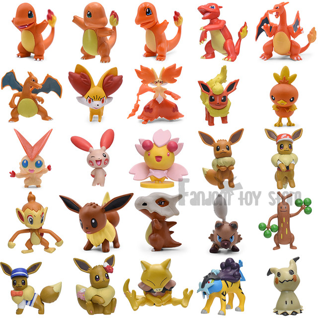 Pokemon figuras tamanho pequeno pvc brinquedo torchic charmander charizard  eevee rockruff victini fennekin mimikyu raikou